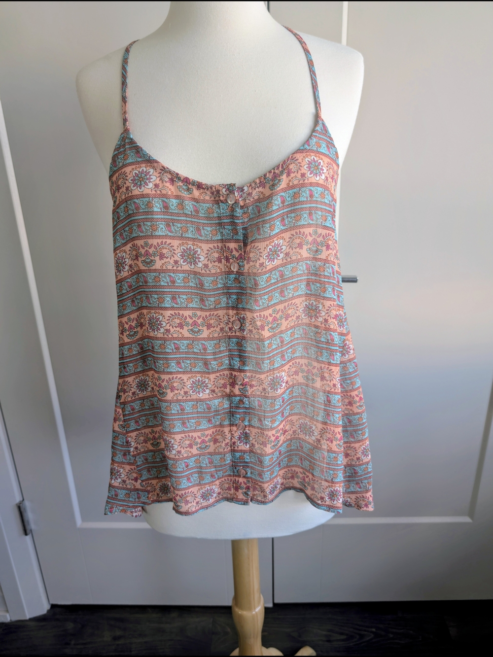 Floral Stripe Peach & Teal Spaghetti-Strap Cami